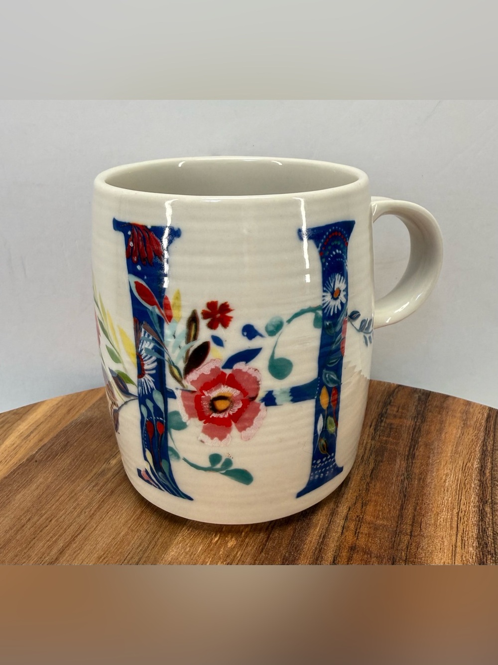 Anthropologie Stacie W. Halfmann Signed H monogram floral Ceramic Mug - White